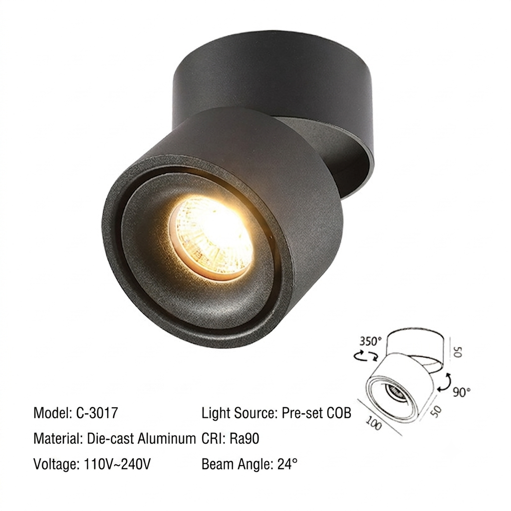 No-Hole Anti-Glare Swivel LED Ceiling Spotlight – Surface Mount for Living Room & Hallway