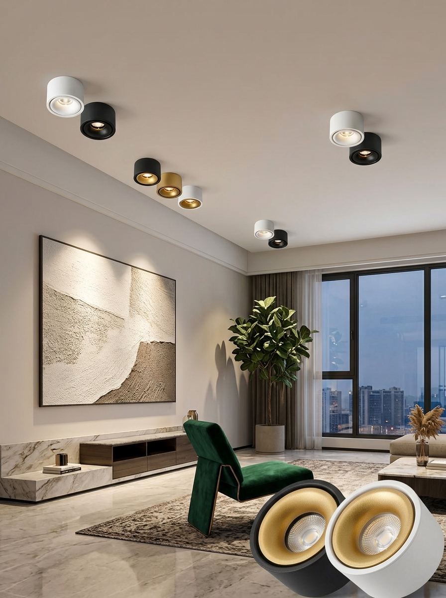 Ultra-Slim No-Hole LED Ceiling Spotlight – Surface Mount, Anti-Glare for Living Room & Hallway