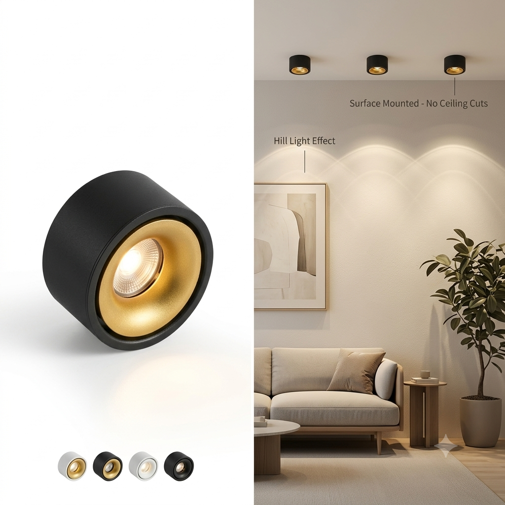 Ultra-Slim No-Hole LED Ceiling Spotlight – Surface Mount, Anti-Glare for Living Room & Hallway