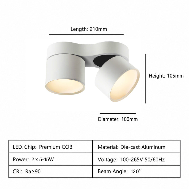 Dual Head LED Ceiling Spotlight – No Drill Surface Mount, Adjustable Swivel, Modern Home Lighting