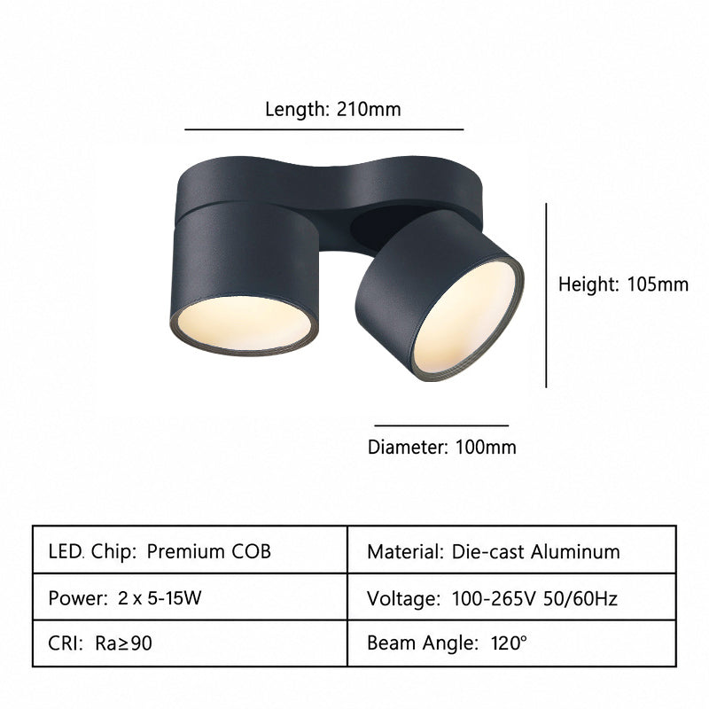 Dual Head LED Ceiling Spotlight – No Drill Surface Mount, Adjustable Swivel, Modern Home Lighting