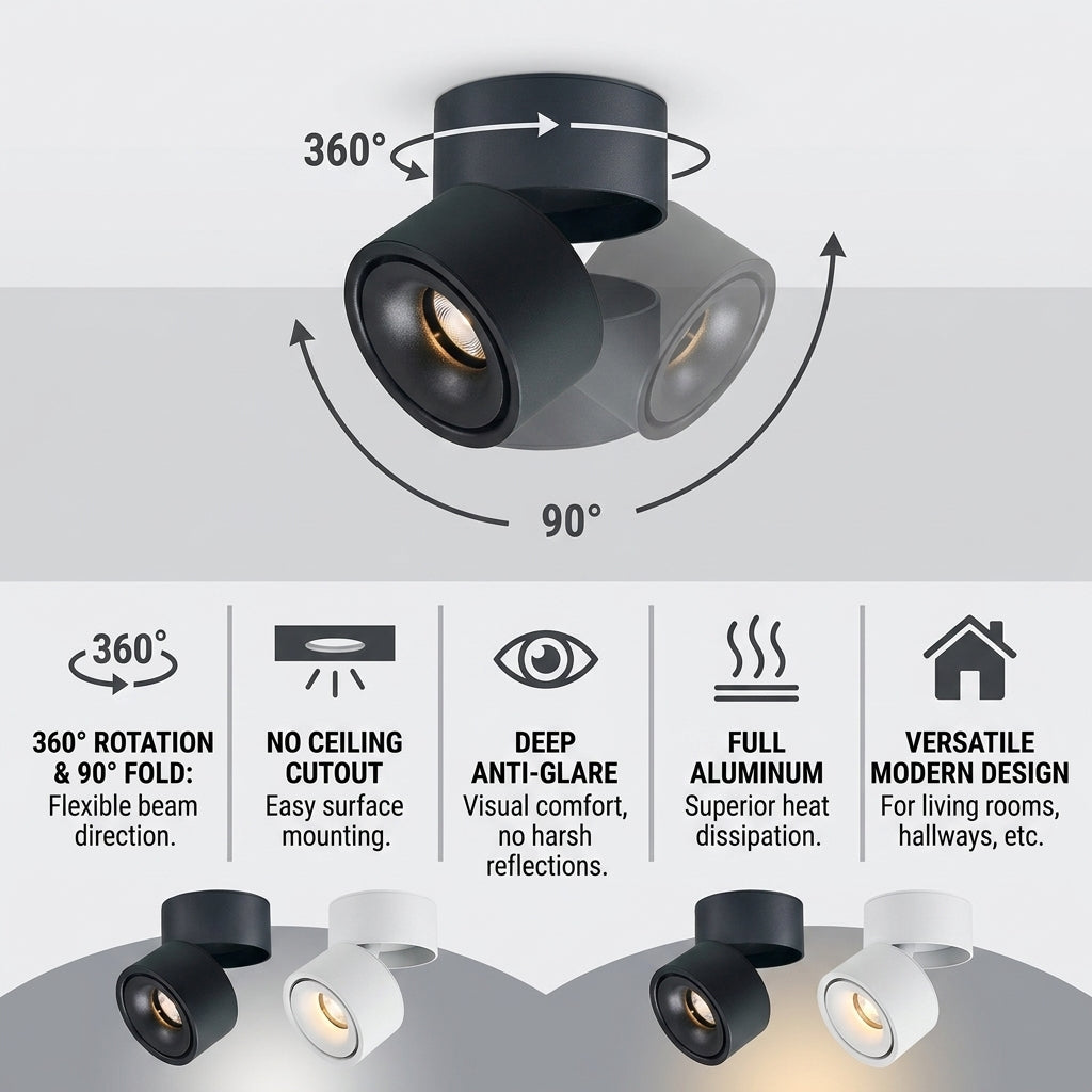 No-Hole Anti-Glare Swivel LED Ceiling Spotlight – Surface Mount for Living Room & Hallway
