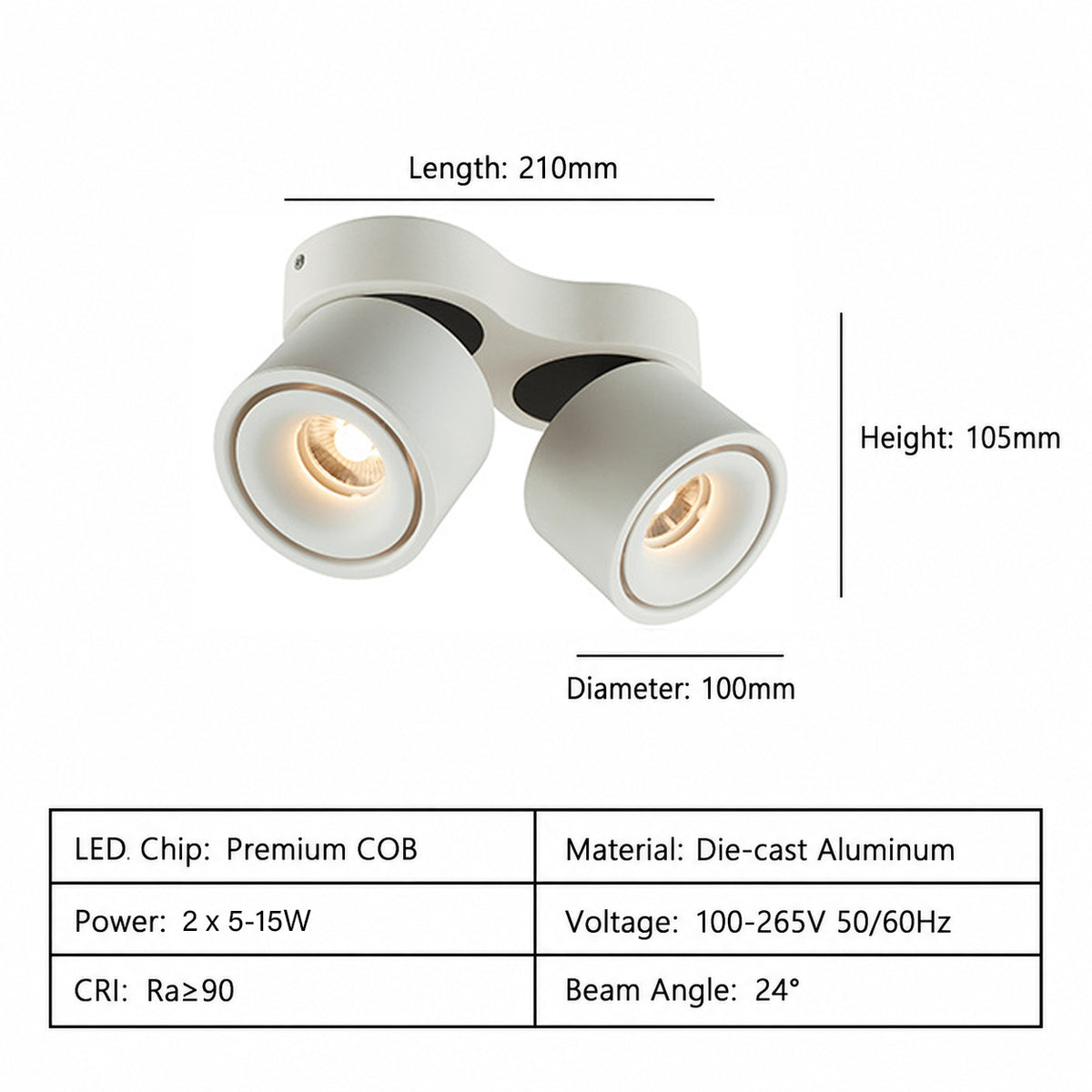 Double Head Adjustable LED Ceiling Spotlight | Surface Mount | Living Room & Commercial | All-Aluminum