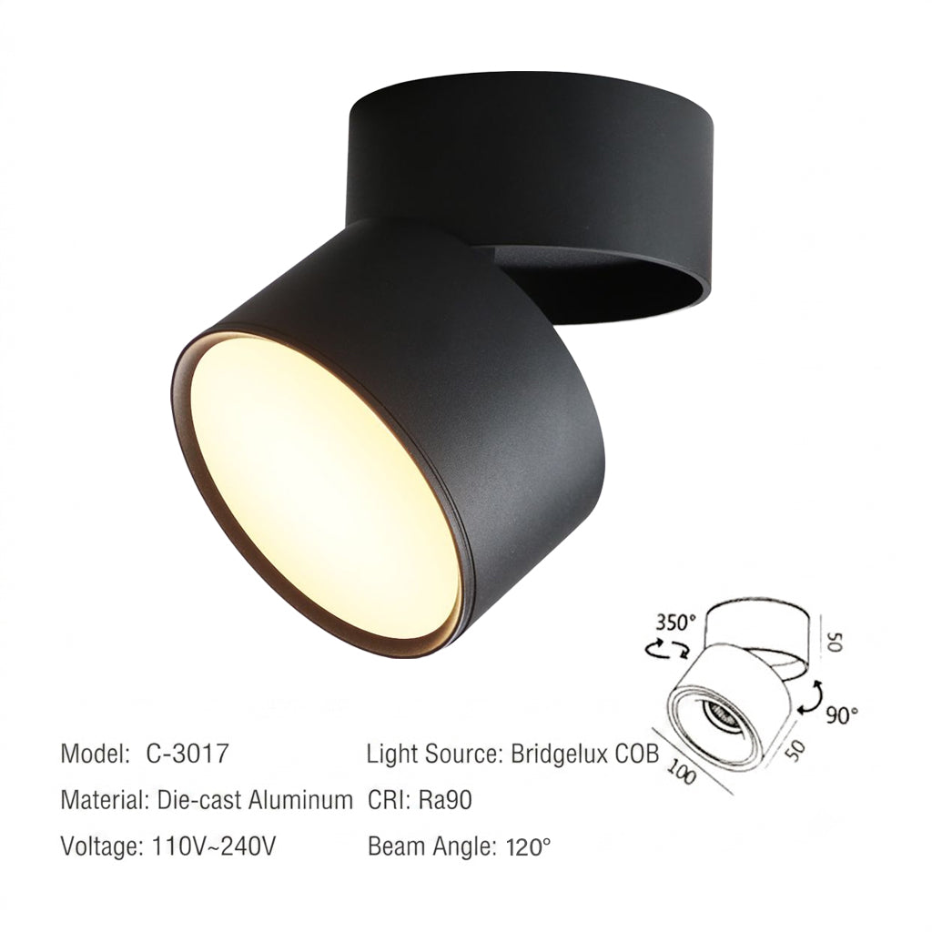 LED Ceiling Spotlight – Adjustable Swivel, Surface Mount, No Cut, Soft Wide Beam | Black & White